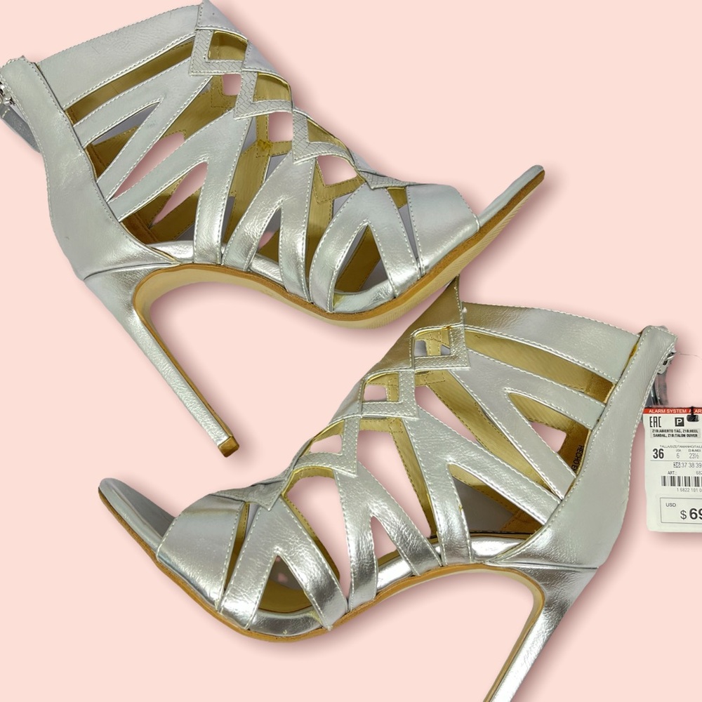 NWT Zara Basics Silver Metallic Cage Heels